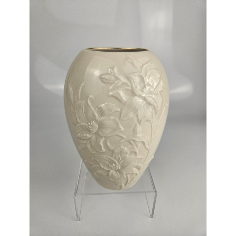 Lenox Lilies of Love Ivory China Vase Gold‎ Rim Embossed Floral 1994 USA